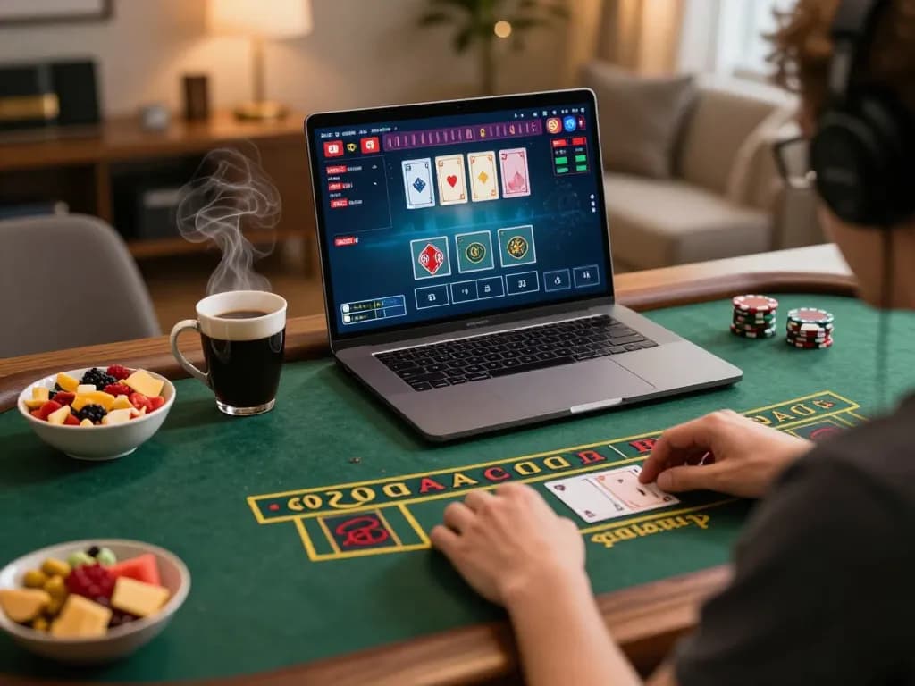 Player engaging with nohu90 online casino, placing strategic bets in a cozy gaming setup.