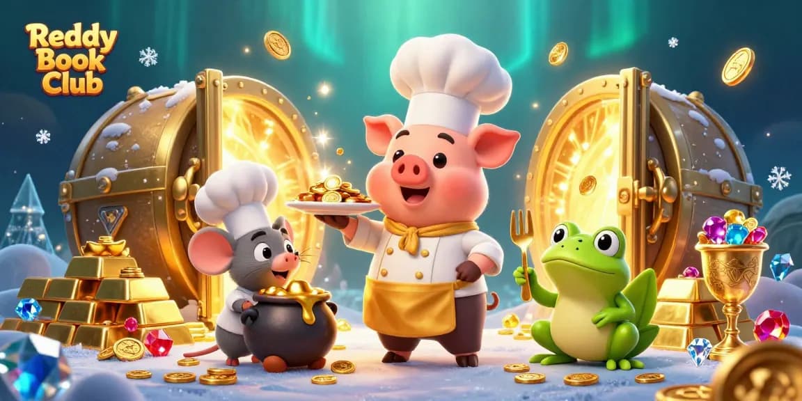 Bet on fun with Reddy Book Club, as chef pig serves coins amidst riches in a dynamic casino scene.