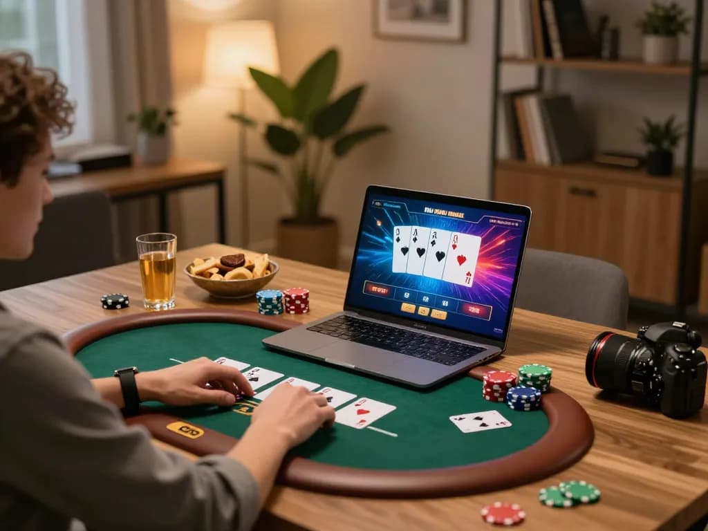Engaging with an online poker game at home on a laptop, highlighting the 789 club digital gaming experience