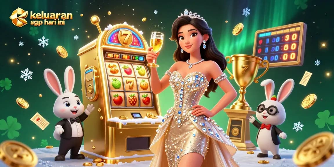 Keluaran SGP hari ini boldly featured with a glamorous woman and vibrant casino elements celebrating a jackpot win.