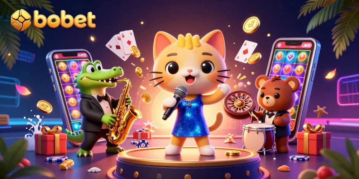 SBOBet features colorful casino elements with a jazzy cat singer and lively characters in action.