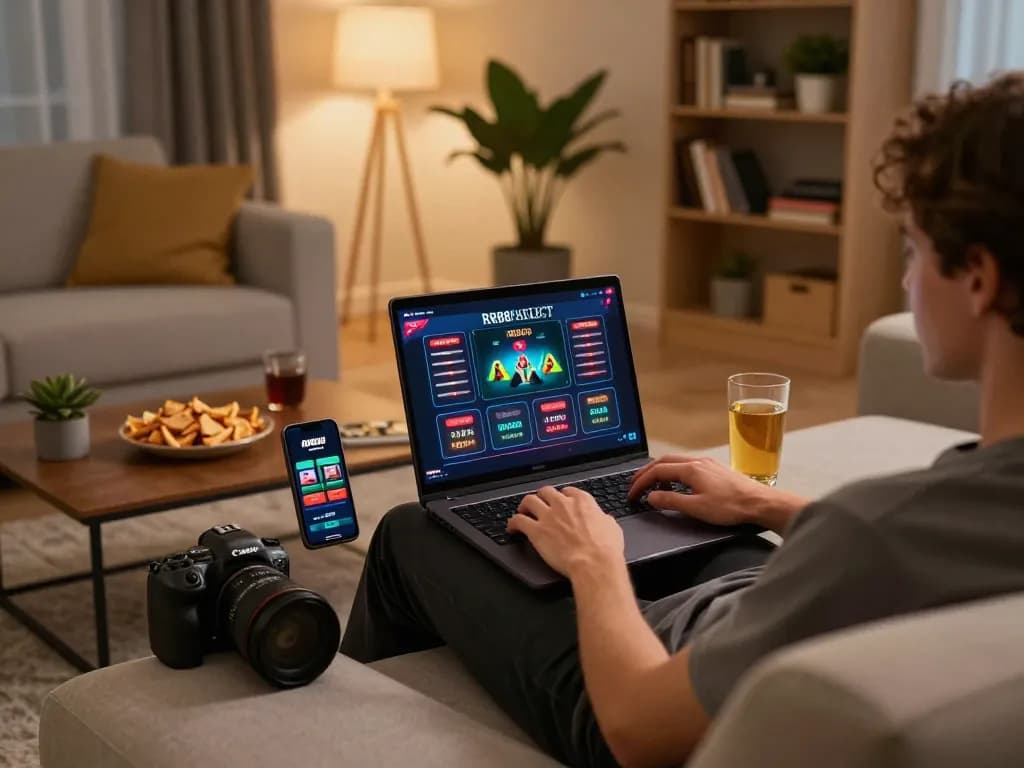Engaging in online gaming at RR88 SELECT with a laptop and smartphone in a cozy home setting.