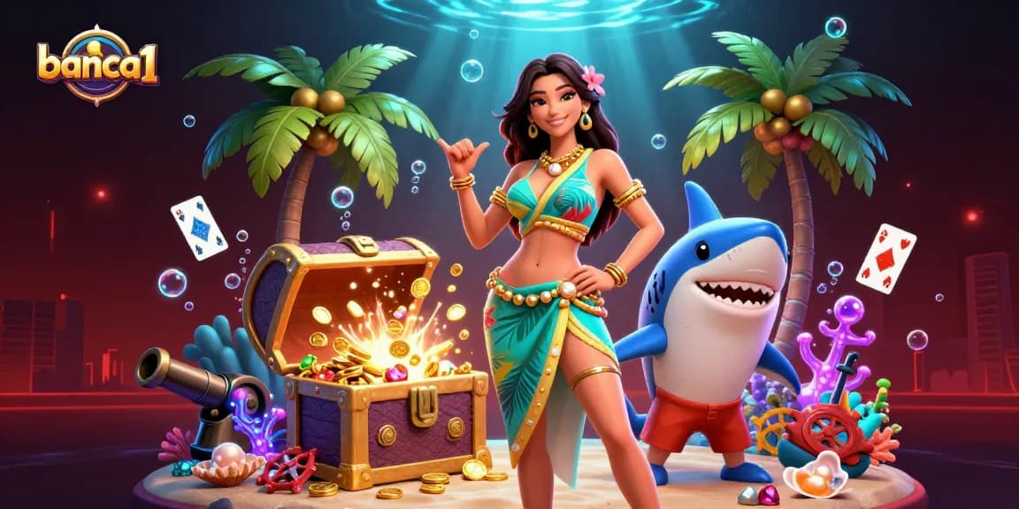 Banca1 features a glamorous beach goddess and a cartoon shark enjoying the underwater treasure game.