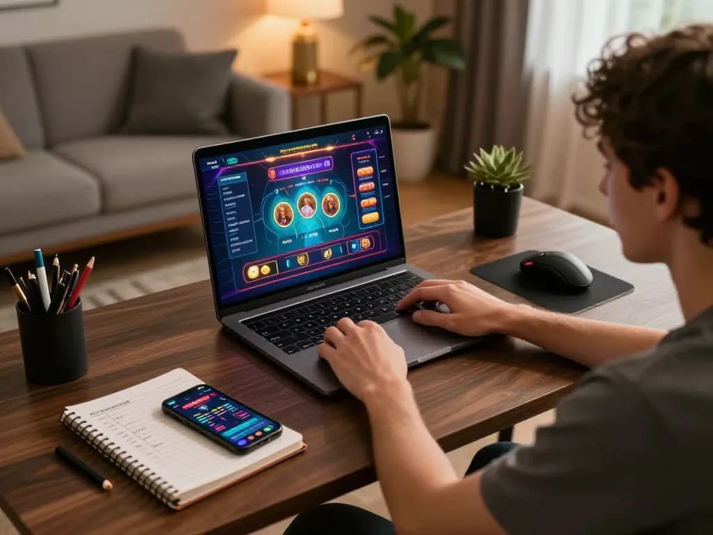 Engaged player using a laptop for online gaming at trang tv88 in a cozy, strategic home environment.