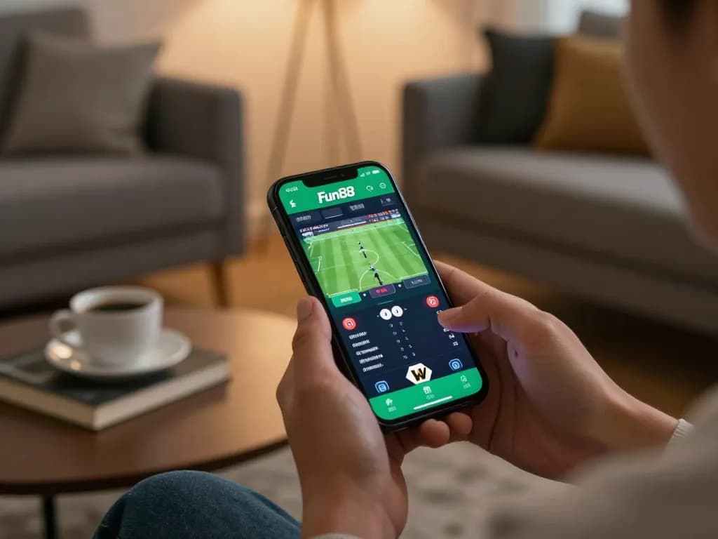 Fun88 mobile betting experience on a smartphone in a cozy home environment with live sports betting action.