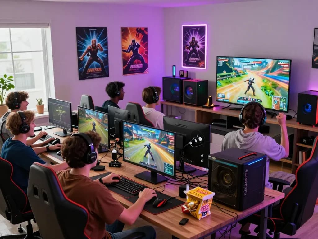 Friends celebrating victory in a gaming session with link nk88 displayed on TV, vibrant living room filled with gaming gear.