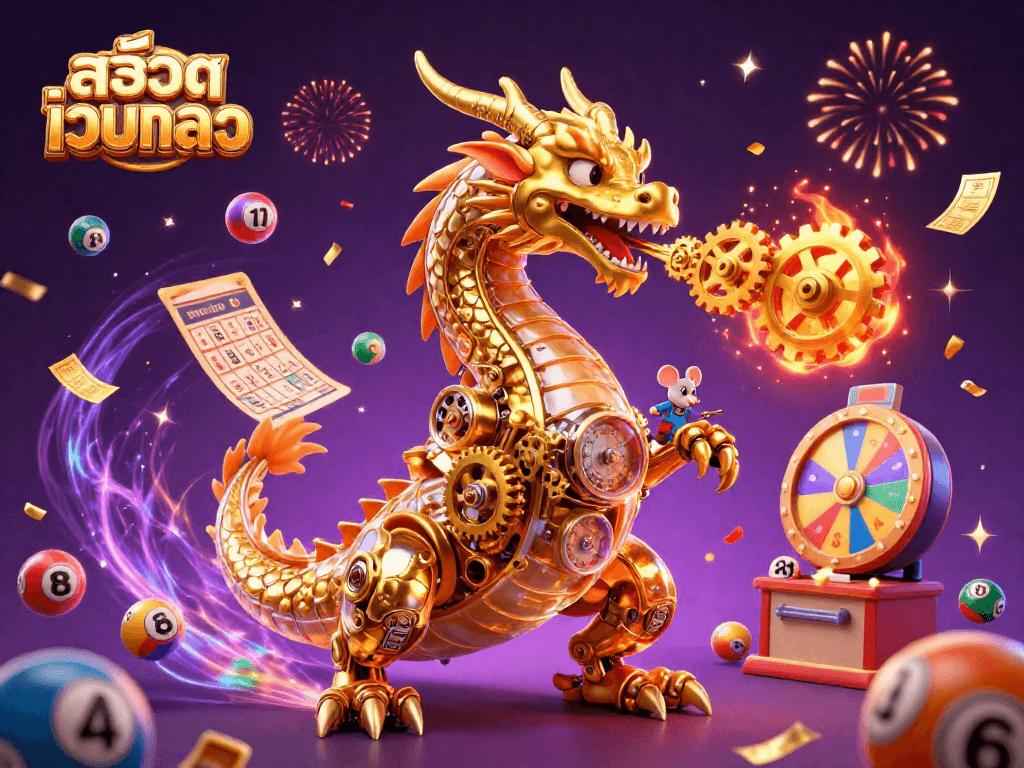 Engage with the exciting world of สล็อตเว็บตรง with a golden dragon amidst colorful lottery elements and jackpots.