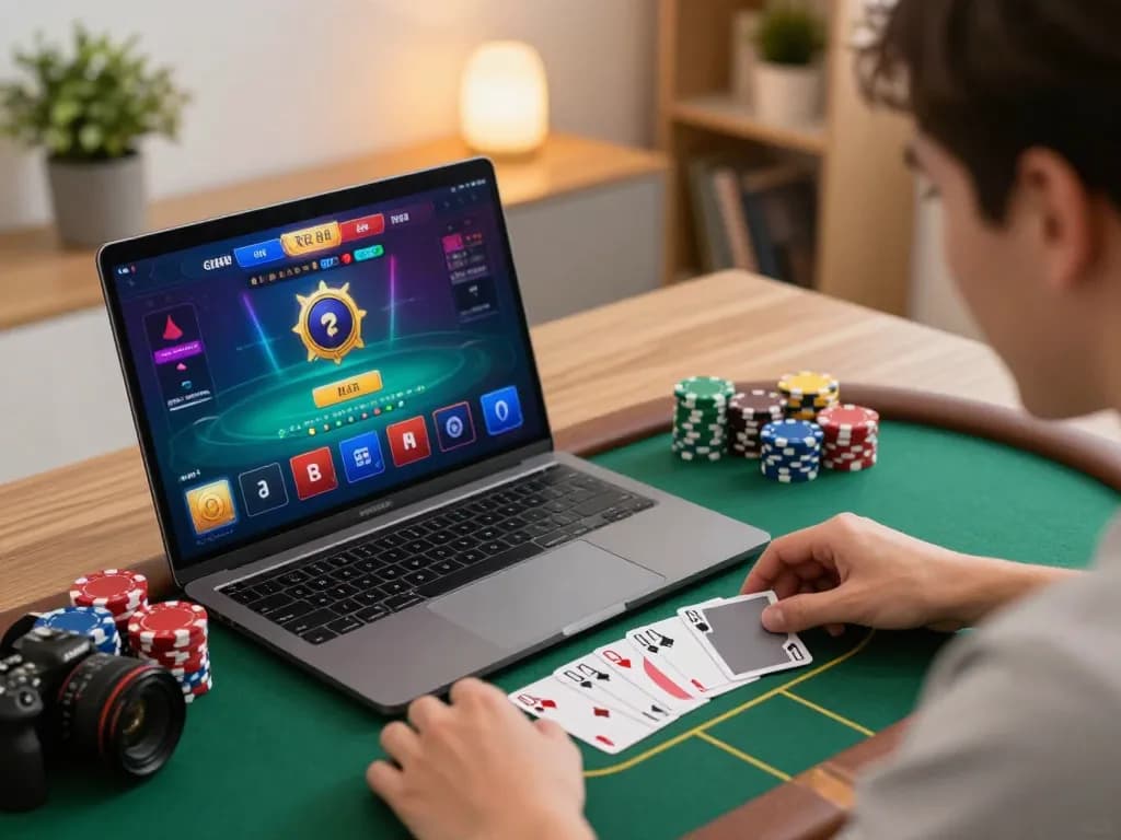 Player celebrating a winning hand at RR88 online blackjack game on laptop in cozy setting