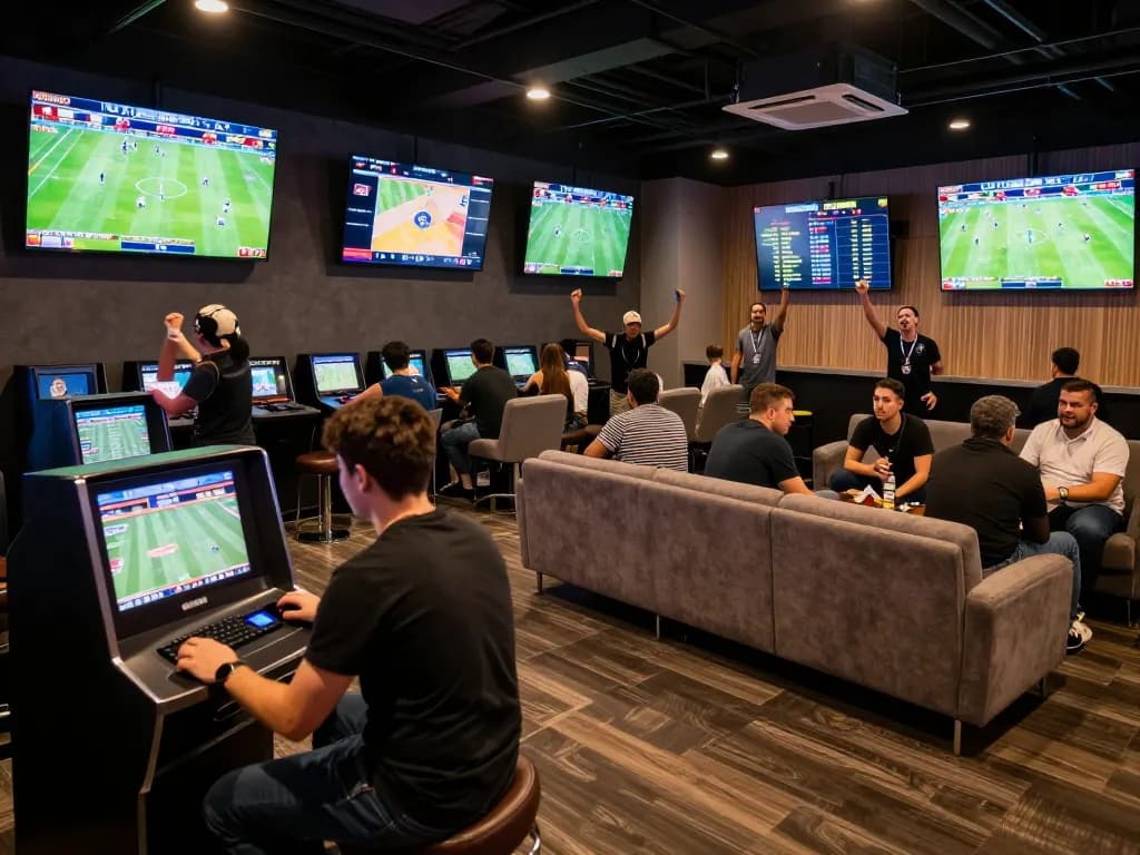 uu88 bettors excitedly placing wagers in a lively sports betting lounge during live matches