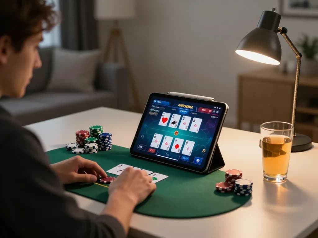 Engaging online poker gameplay at home on a tablet featuring fabet interface and strategic betting.