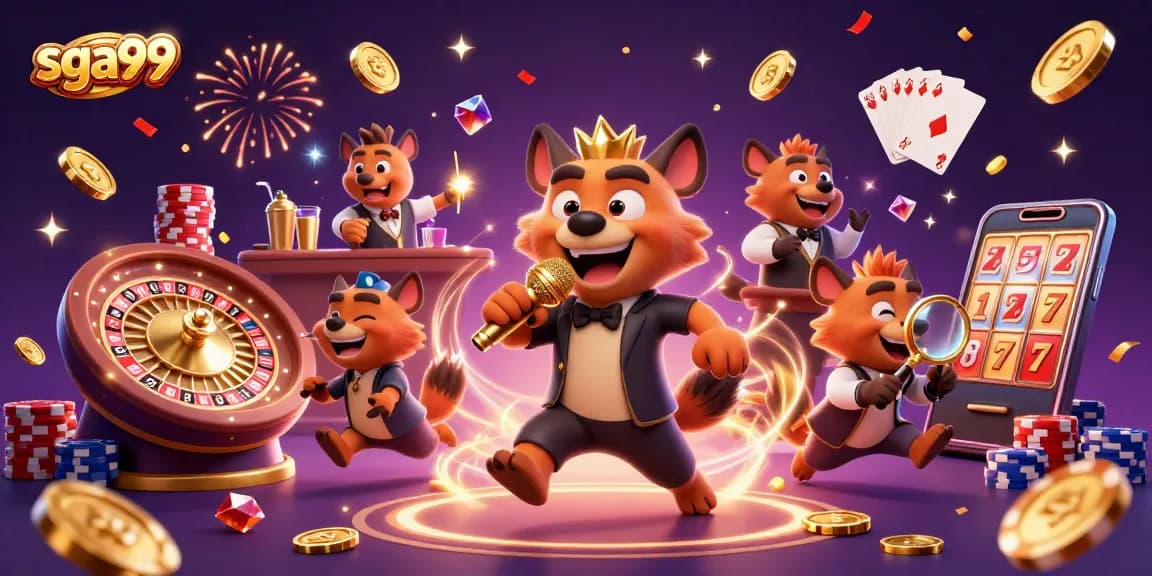Experience the thrill of the SGA99 casino with hyenas, golden coins, and vibrant action.
