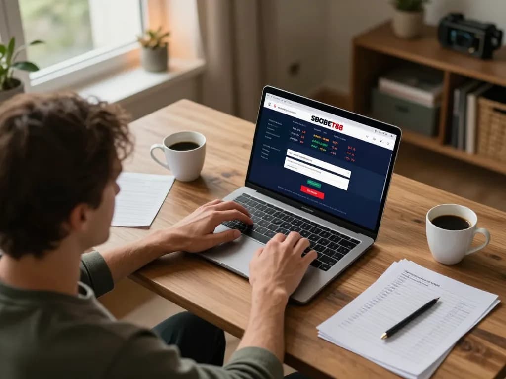 SBOBET88 login interface displayed on laptop while betting at home, showcasing strategic online gambling.