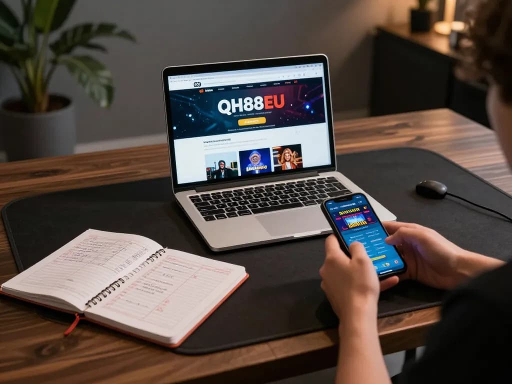 A person enjoying online betting on qh88eu with a laptop and smartphone in a cozy home setting.