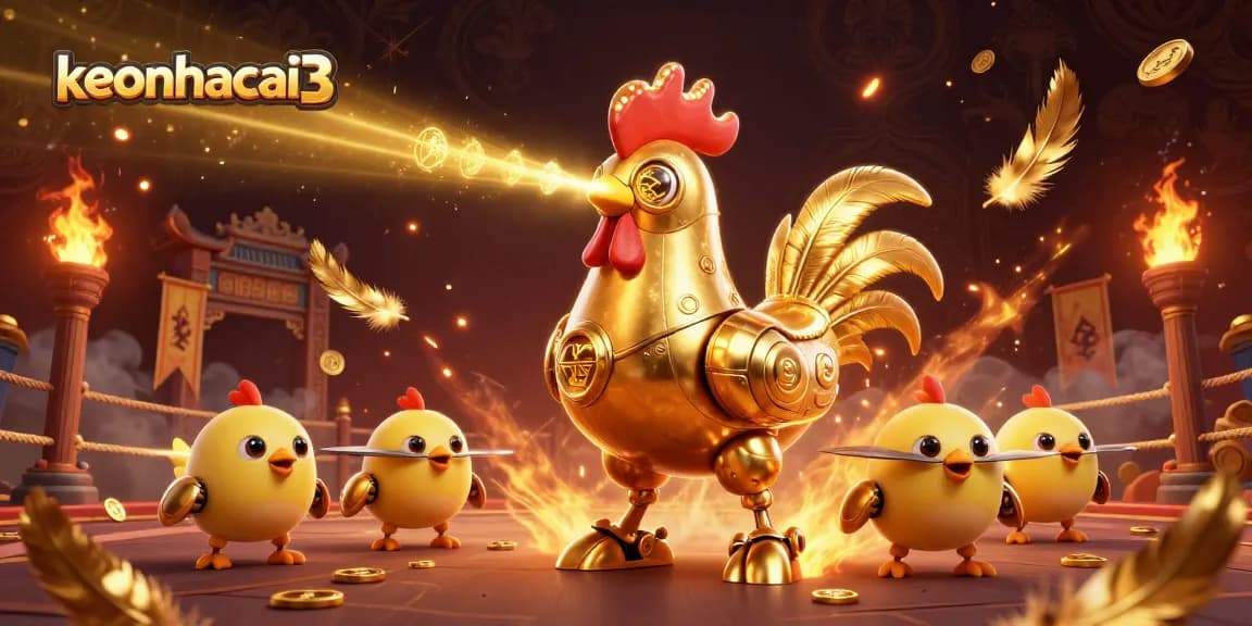 Engage with keonhacai3's thrilling atmosphere as golden rooster robot illuminates a dynamic betting arena.