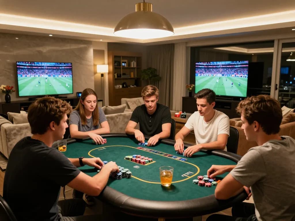 iWin poker night with friends playing around a stylish table, chips and drinks visible in inviting atmosphere.
