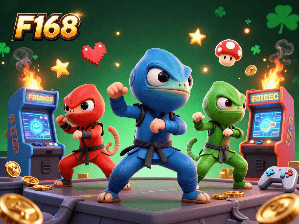 Experience exciting gameplay at F168 with ninja chameleons battling amidst arcade games