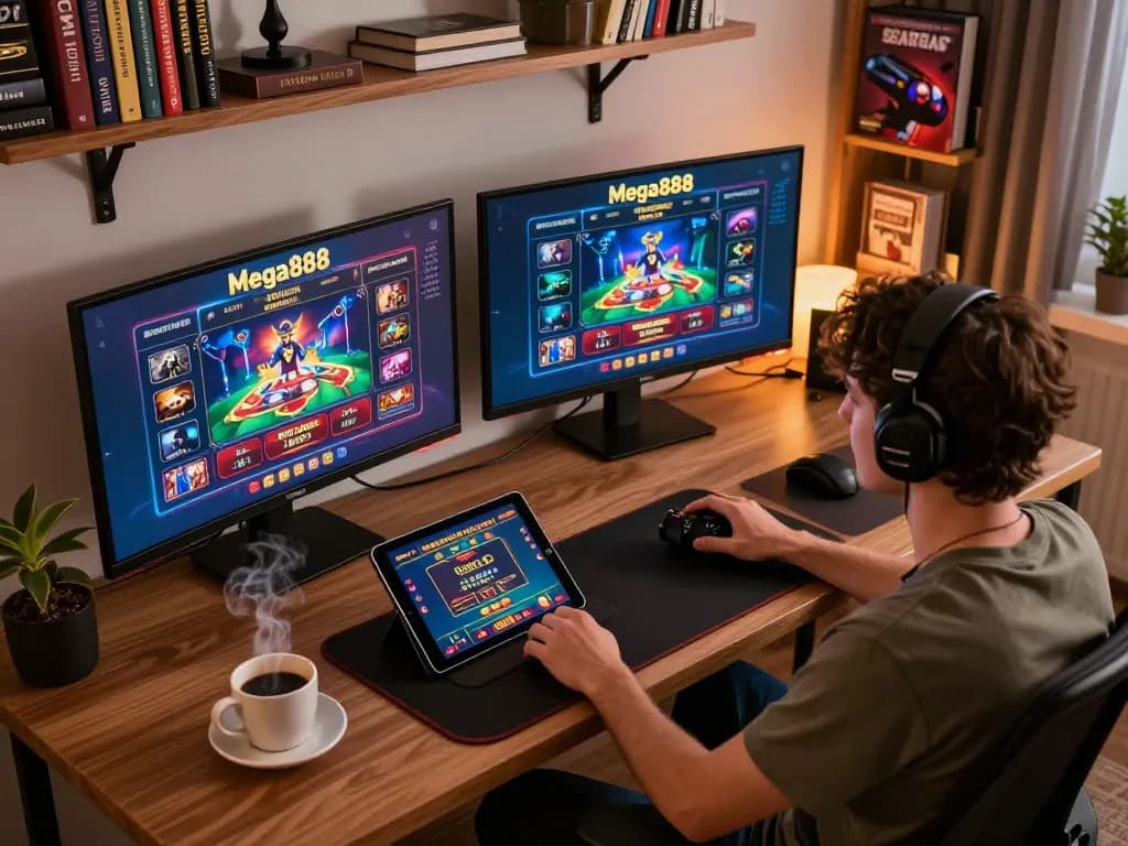 Enjoying free credit mega888 while playing at home on multiple screens, showcasing responsible gaming.