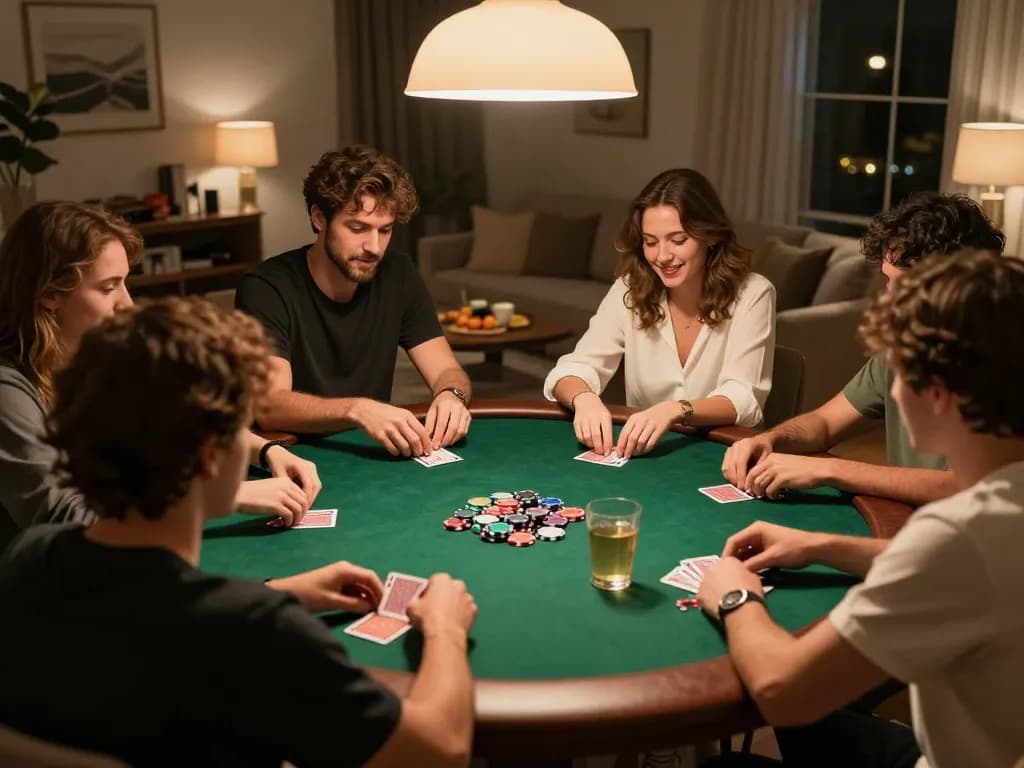 vipwin friends enjoying a lively poker game night with chips and cards