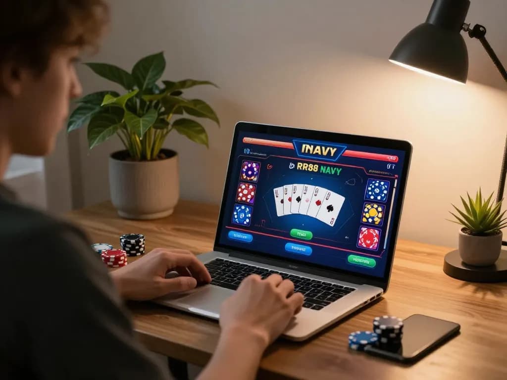 Experience thrilling gameplay at RR88 NAVY with dynamic poker action on a sleek laptop.