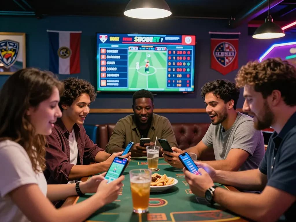 SBOBET sports betting enthusiasts enjoying live updates and lively atmosphere in a vibrant lounge