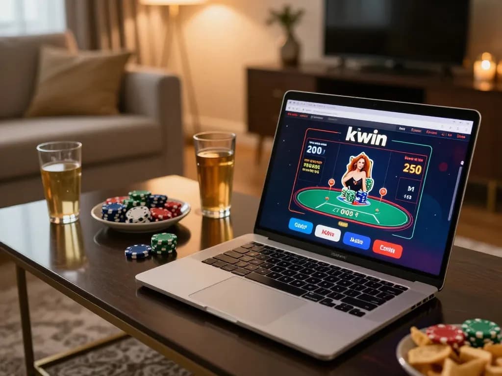 Engaging with kkwin's online casino interface on a cozy home setup during a relaxed gaming session