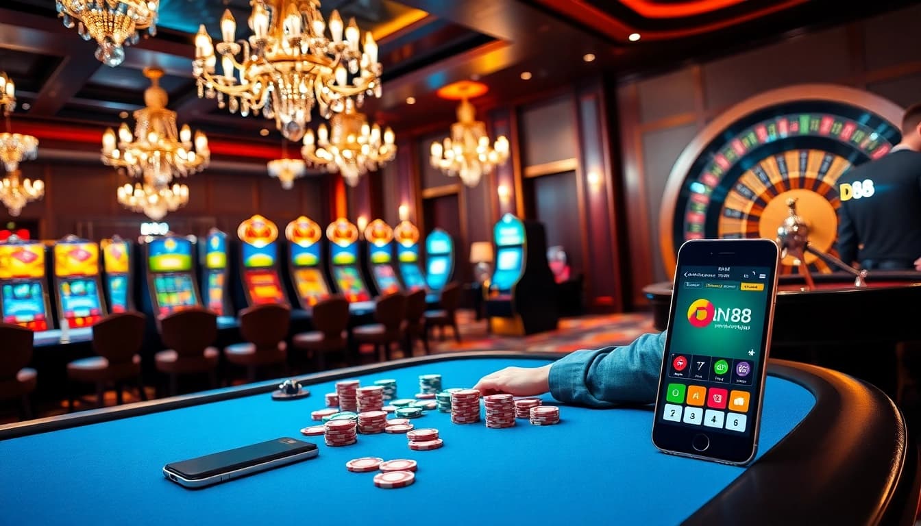 A player engaging with dn 88 poker chips and cards in a luxurious casino scene filled with slot machines.