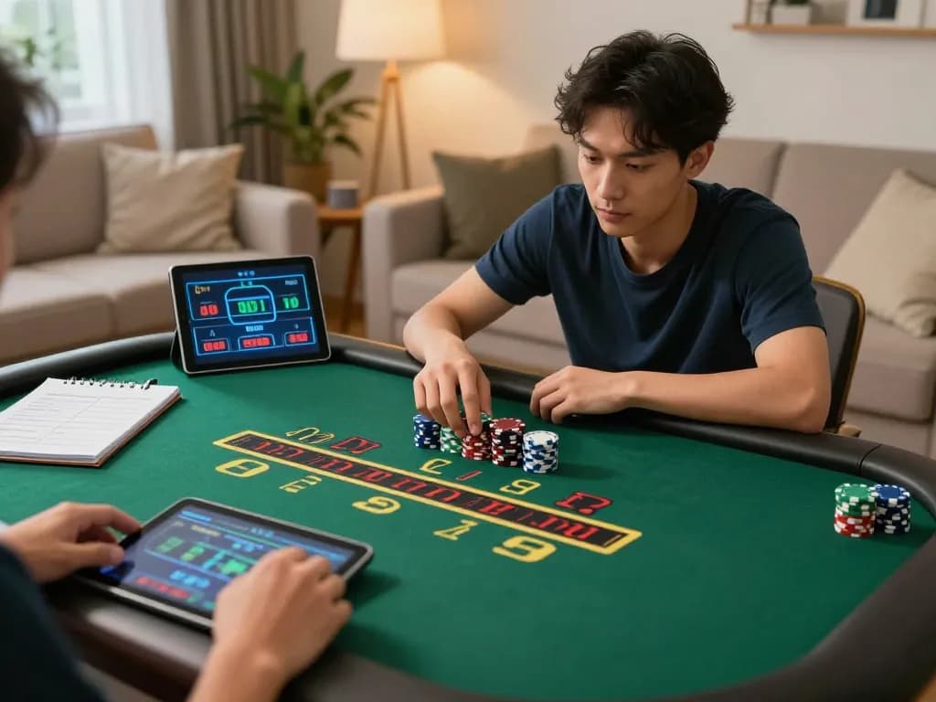 Player engaged in a thrilling online blackjack game on their tablet, showcasing red88 gameplay strategy.