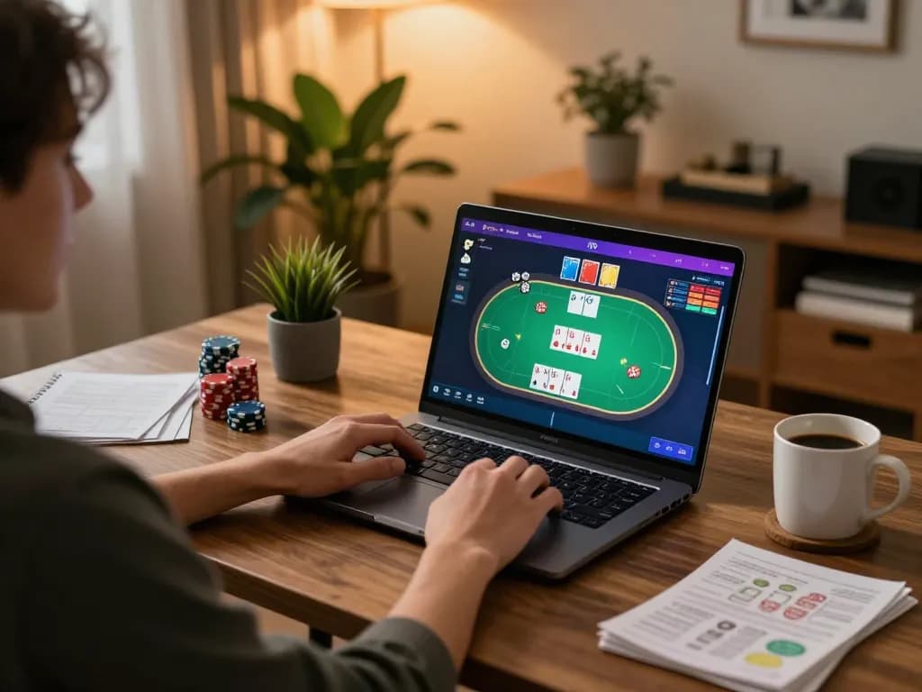 Engaging in online gaming at trang chủ fun79 with a poker interface on a laptop in a cozy living area
