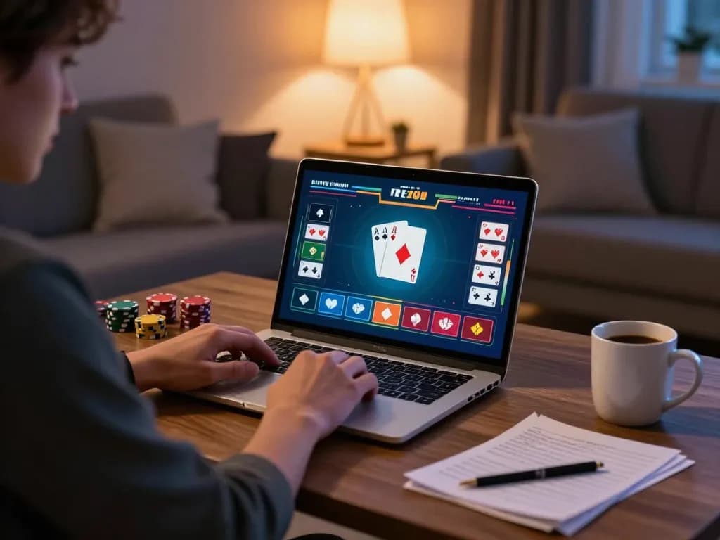 Engaging in PERI11 poker gameplay at home, highlighting online casino excitement in a cozy setting