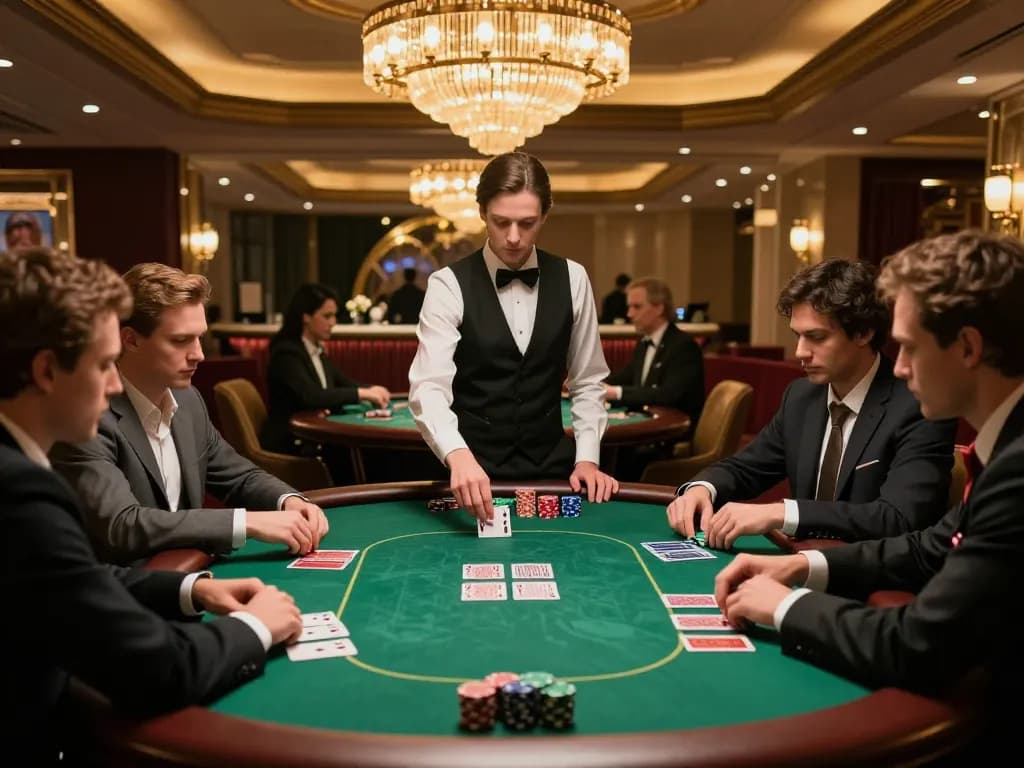 Experience elite gambling at KP 88's luxurious VIP poker table with professional dealer and players.
