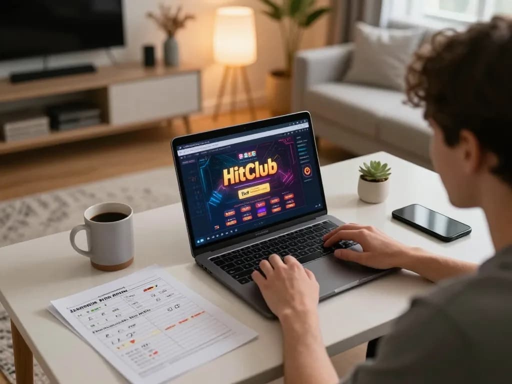 Engaged player exploring HitClub's online casino platform in a cozy home setup.