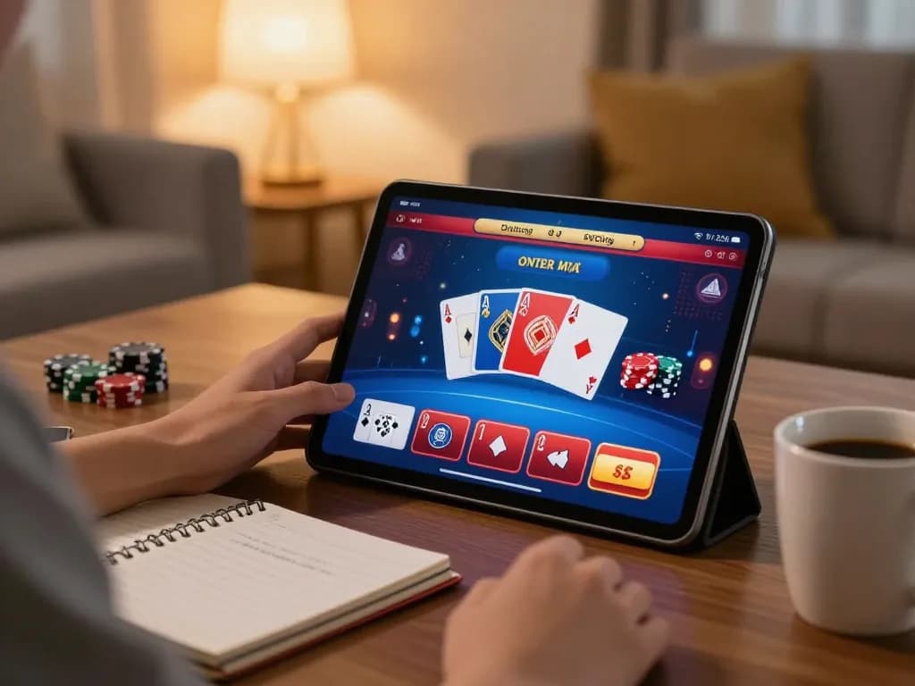 Người chơi đam mê sử dụng ứng dụng Go88 trên máy tính bảng với giao diện trò chơi poker năng động nhìn thấy trong một không gian phòng khách ấm cúng.