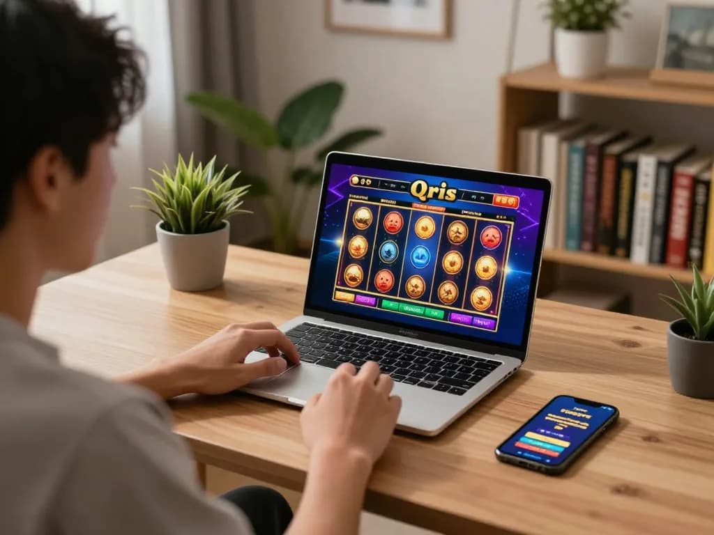 Engaging online gaming session with a person using slot qris interface on a laptop, showcasing vibrant gameplay.