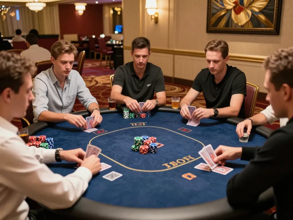 Engaged poker players strategizing in an upscale setting at 888New casino