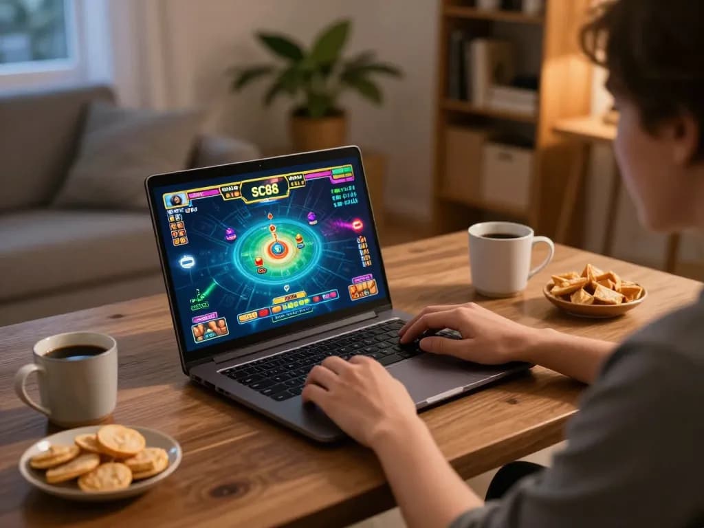 Engaging in SC88 online casino gameplay on a laptop in a cozy home setup.