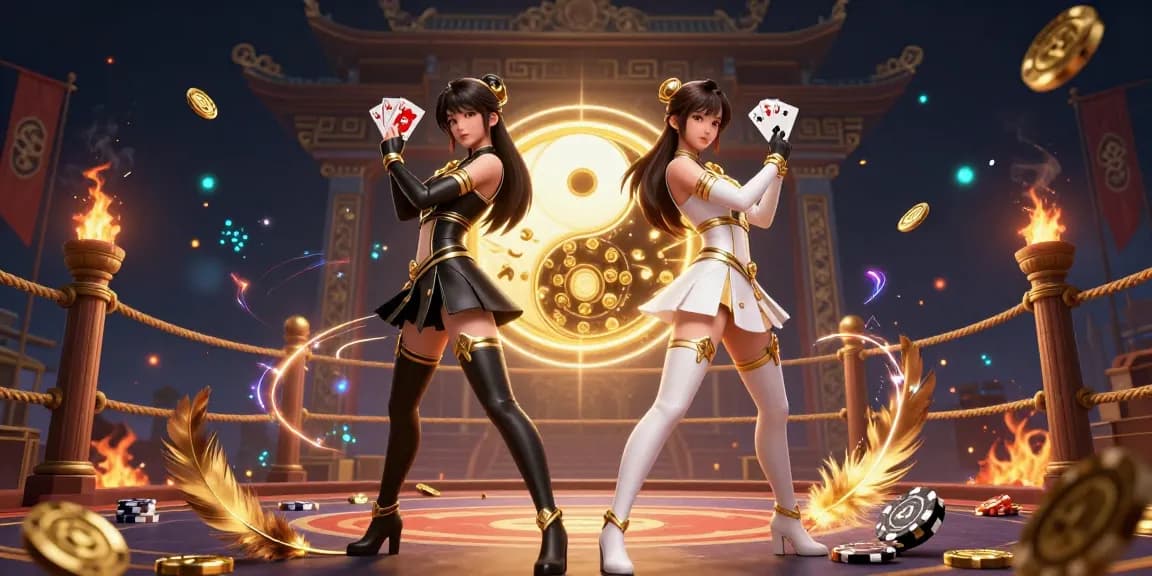 Win88 showcases twin Asian women in a vibrant, casino-themed digital art scene holding playing cards