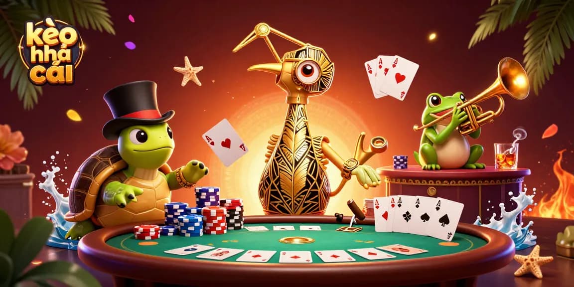 Engage with the dynamic kèo nhà cái scene featuring colorful poker elements and lively characters.