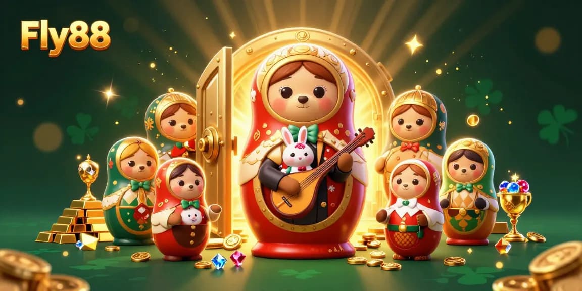Experience the excitement of Fly88 with vibrant casino-themed 3D illustration featuring bears in dealer outfits.