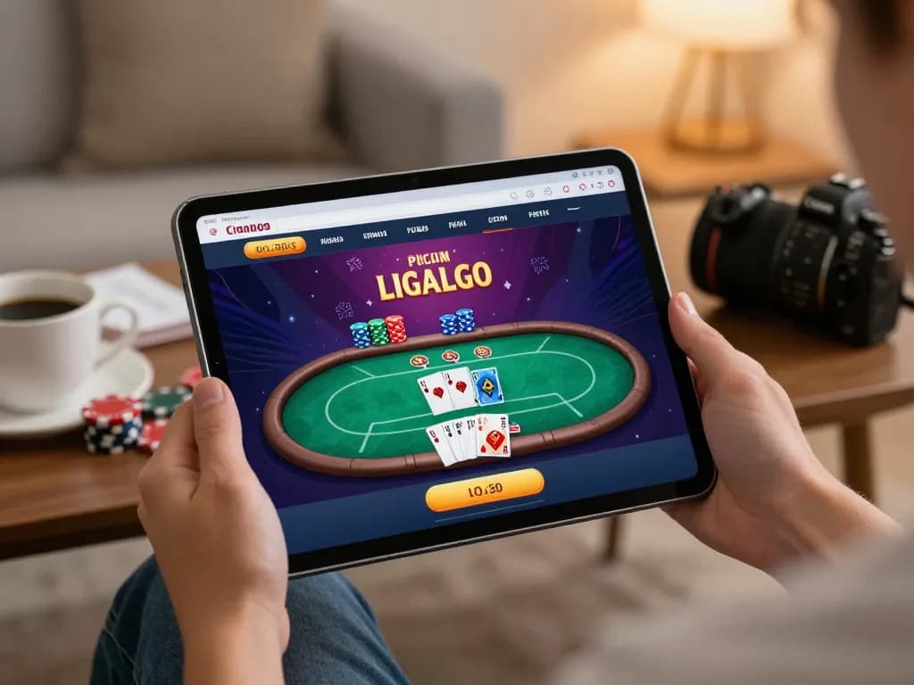 LIGALGO online poker game interface showing dynamic gameplay on a tablet with strategic betting elements