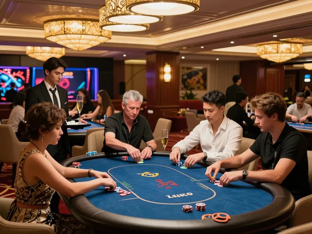 Players enjoying an exclusive poker game experience at the Luck8 casino, showcasing luxury and strategy.
