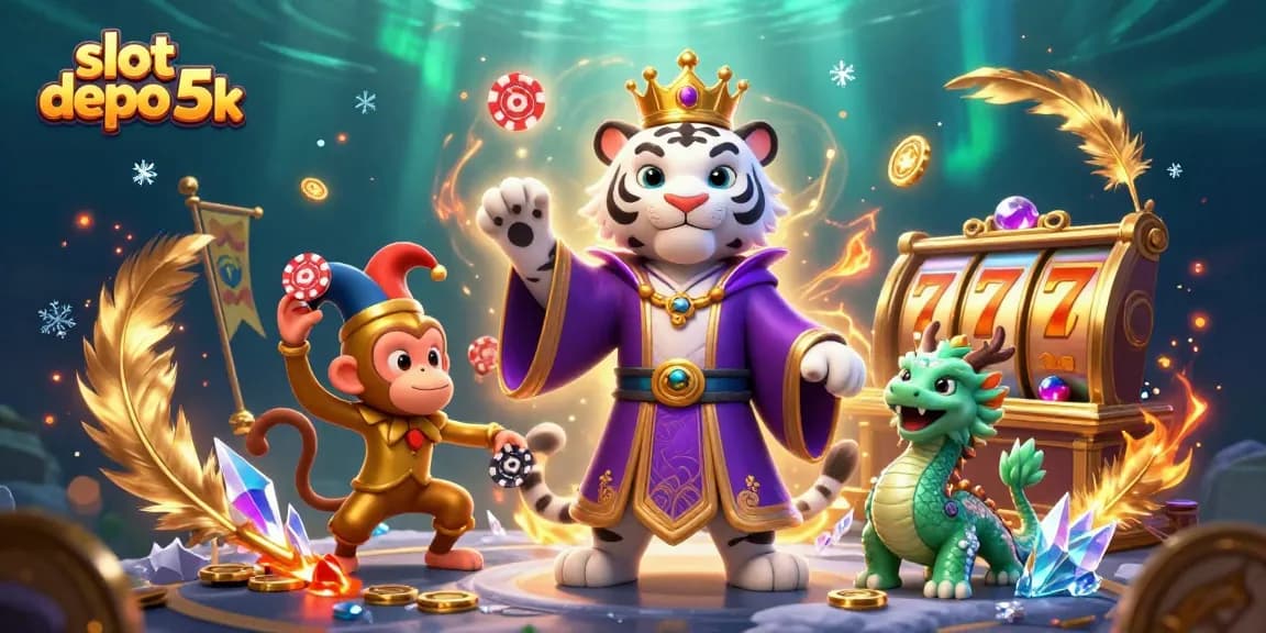 Experience the excitement of jackpot wins with slot depo 5k characters celebrating around slot reels and coins.