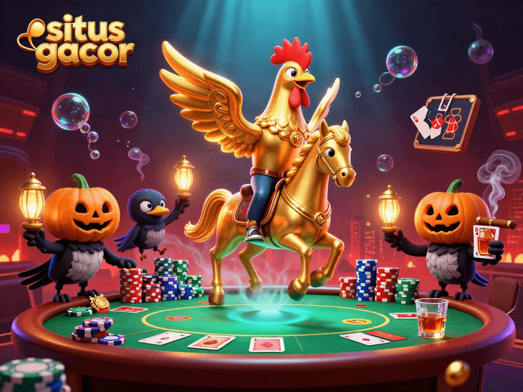 Engaging scene of situs gacor with a golden rooster, poker elements, and mystical ambiance in a casino setting.