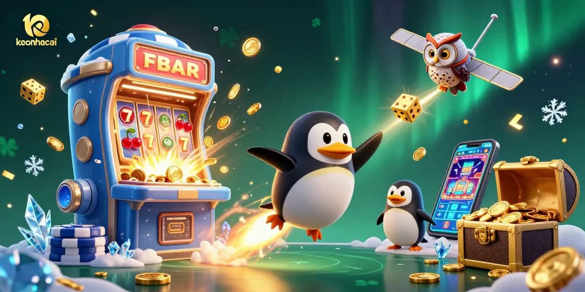 Experience keonhacai with a vibrant 3D illustration showcasing a penguin blasting through space to a casino.