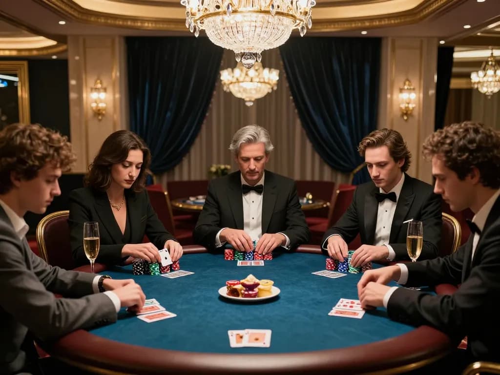 MPO08 players engaging in a high-stakes poker game in an exclusive VIP room, showcasing strategic gameplay.