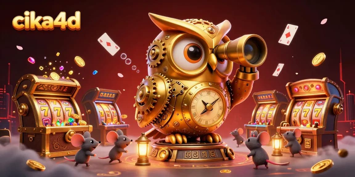 Experience thrilling gameplay with cika4d as the golden owl surveys animated slot action in a rich casino scene.