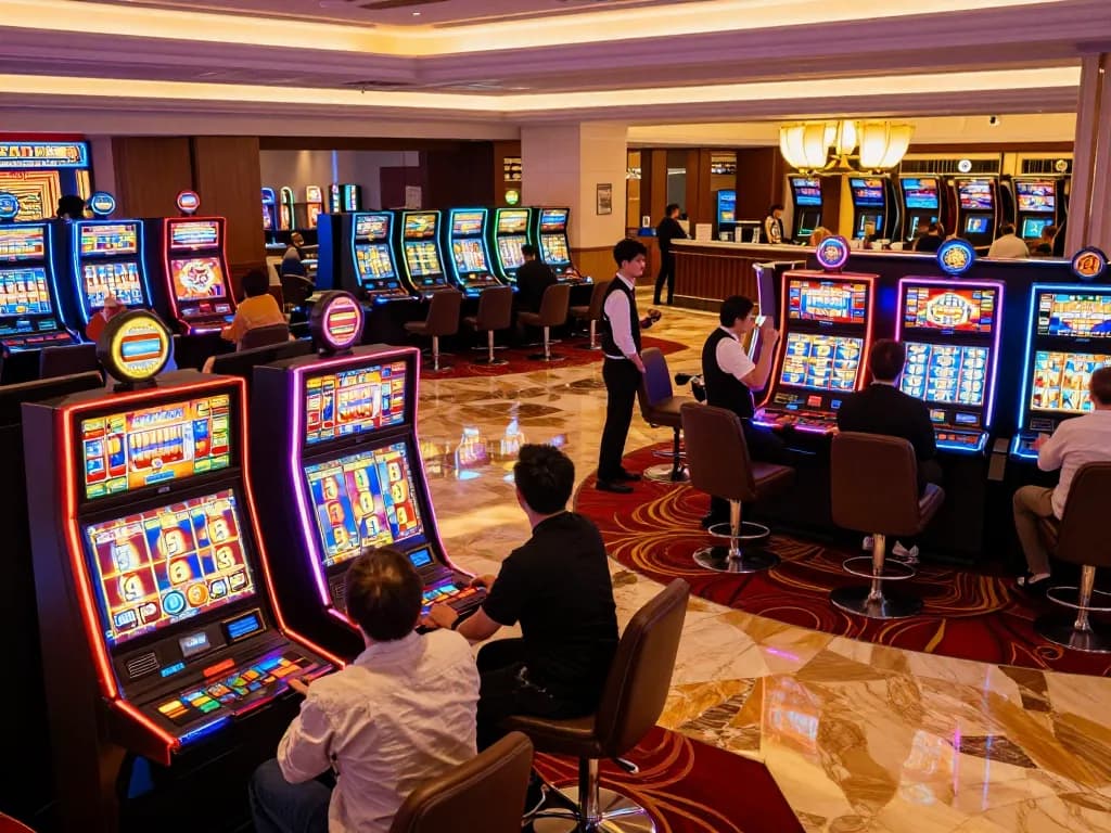 Players enjoying vibrant slot machines at sunwin casino, celebrating wins with excitement and joy