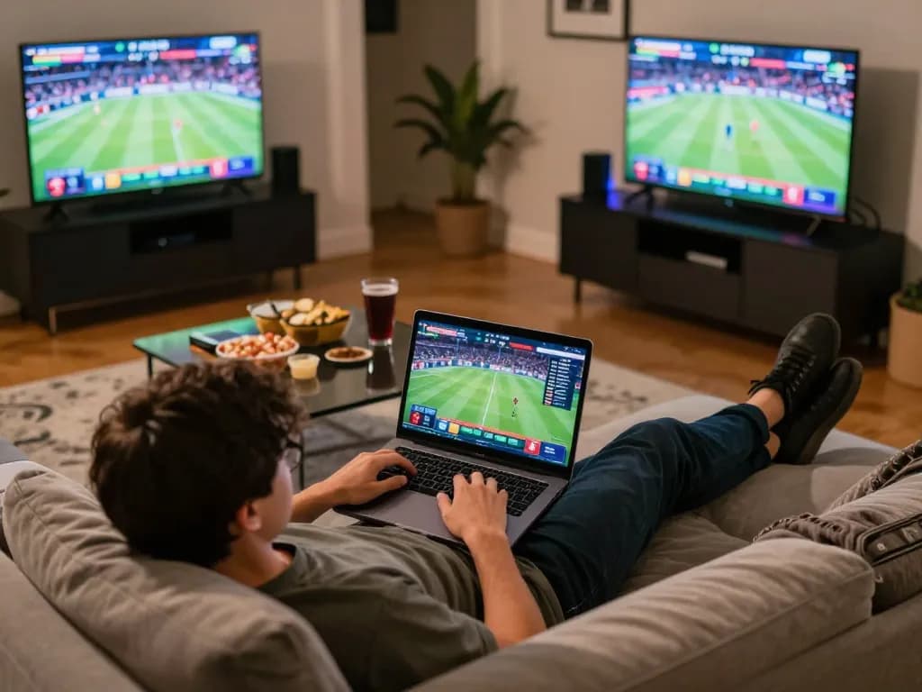 Engaging in strategic online sports betting at home using lv88seo interface on laptop