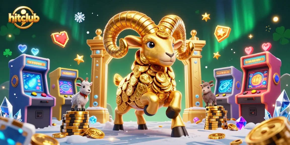 Join the thrill at hitclub with a dynamic 3D illustration of a charging golden ram amidst an exciting casino setting.