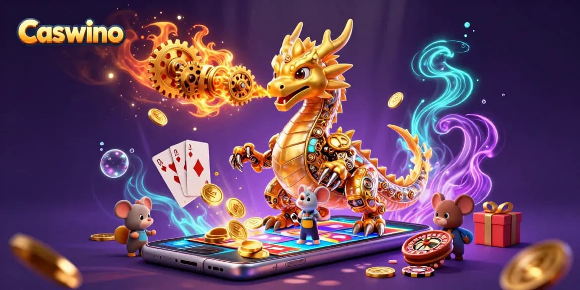 Play exciting games at Caswino as a golden dragon breathes cogs amidst golden coins and cards.