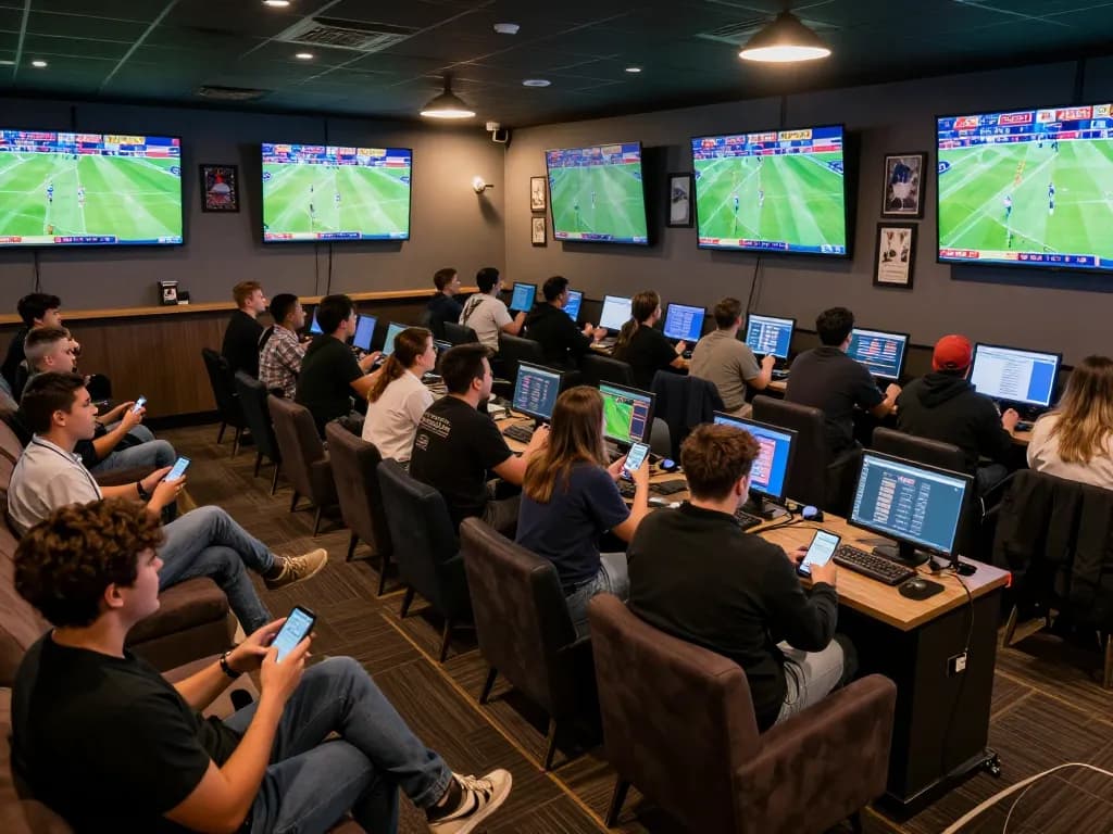 Soi Kèo enthusiasts placing bets while watching live sports in an energetic lounge